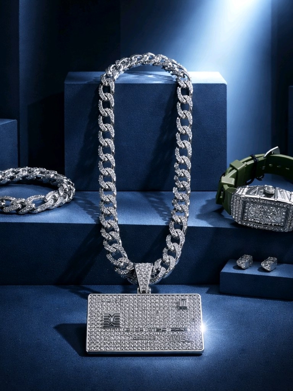 WhiteGoldFilled Pave Cuban Link Card Necklace and Bracelet -  Watch and Earring